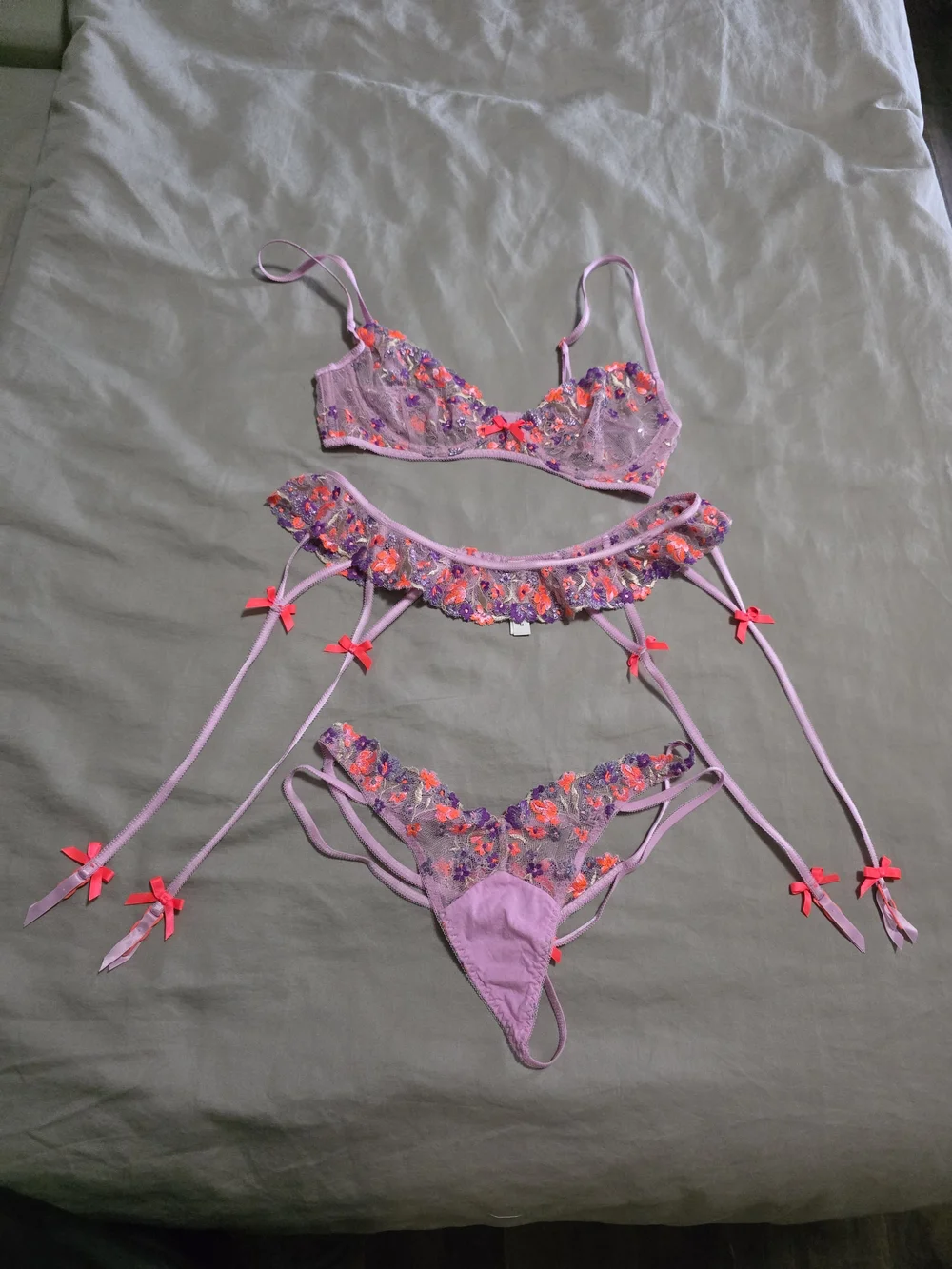 For Love & Lemons Lavender Floral Embroidered Lingerie Set with Neon Accents